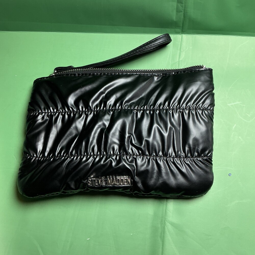 ★ Steve Madden Black Shiny Puffer Quilted Wristlet Clutch Zip Pouch